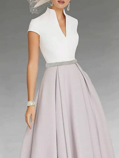 A-Line Mother of the Bride Dress Elegant Vintage V Neck Tea Length Stretch Fabric Short Sleeve with Sash / Ribbon Pleats - RongMoon