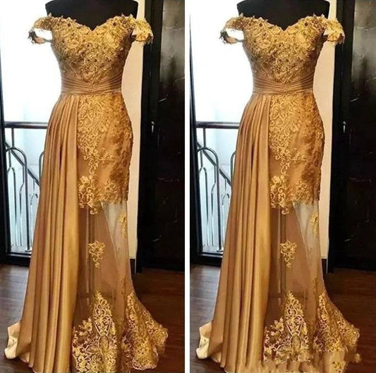 Gold Muslim Evening Dresses Mermaid Off The Shoulder Lace Beaded Islamic Dubai Saudi Arabic Long Formal Evening Gown Prom - RongMoon