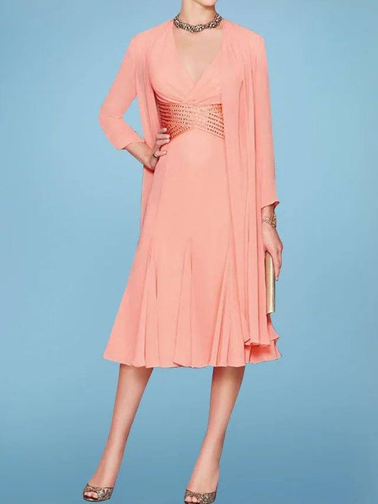 Two Piece A-Line Mother of the Bride Dress Elegant V Neck Knee Length Chiffon Sequined Long Sleeve with Sash / Ribbon Pleats Appliques - RongMoon