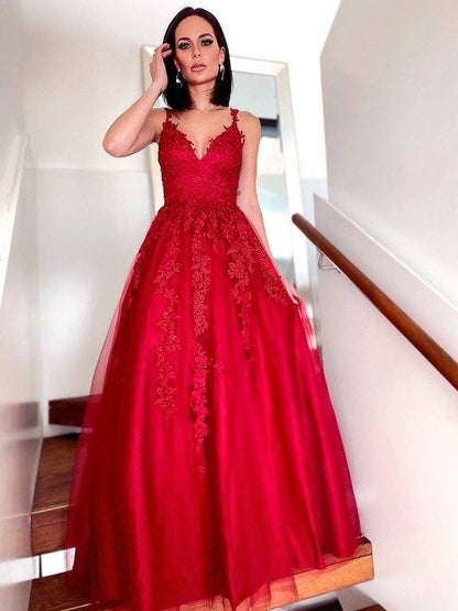 A-Line/Princess Tulle V-neck Floor-Length Applique Sleeveless Dresses - RongMoon