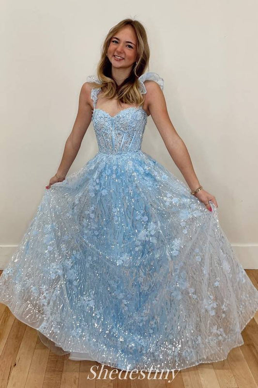 Light Blue Sweetheart Floral Embroidered Appliques Prom Dress