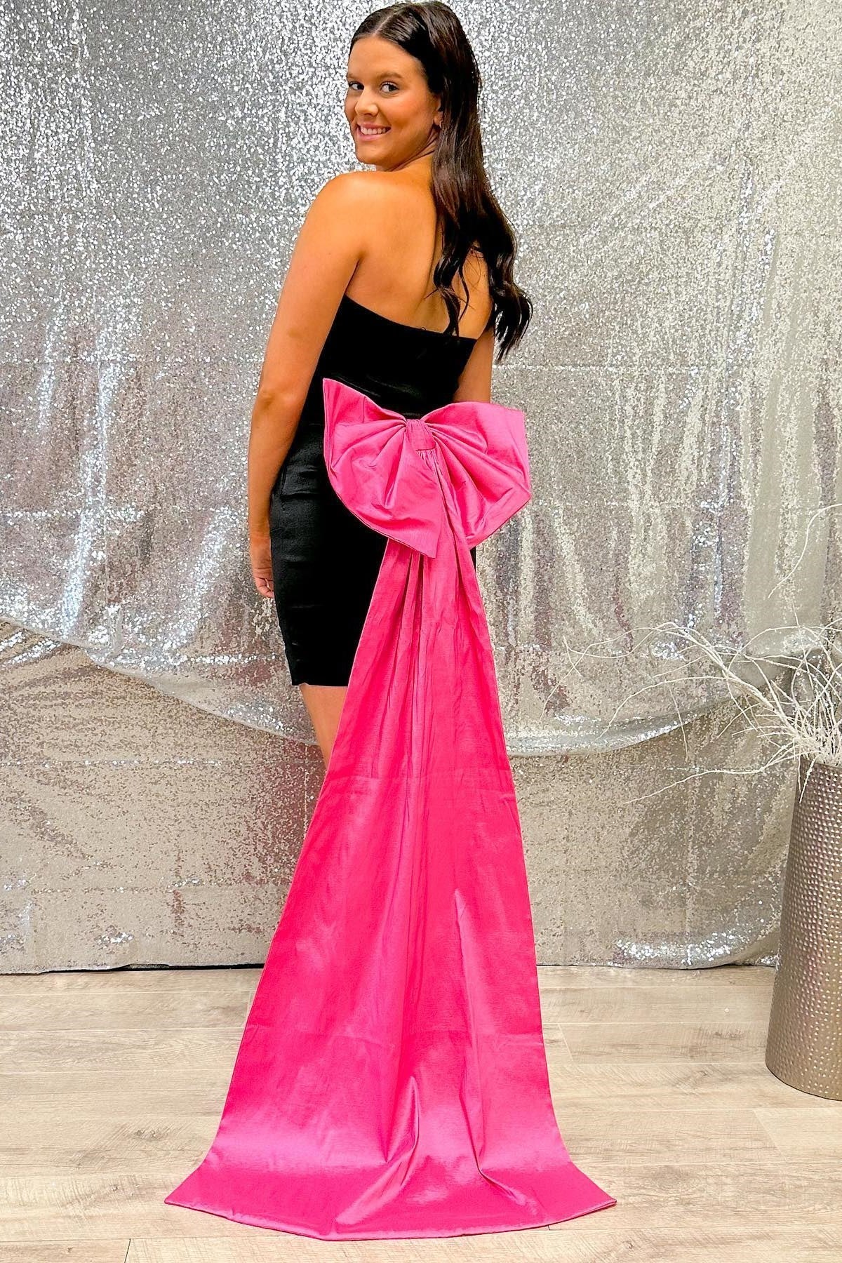 Black Strapless Bow Back Homecoming Dress with Attached Train