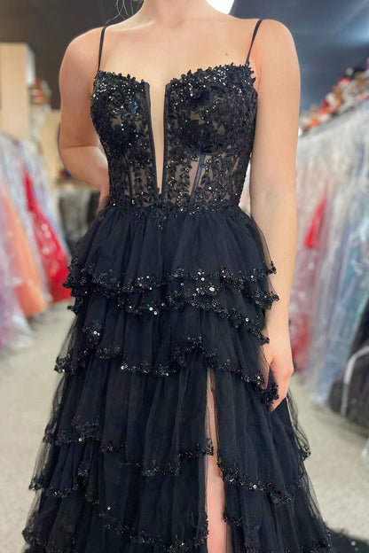 A-Line Sequin Lace Spaghetti Strap Ruffle Tiered Long Prom Dress