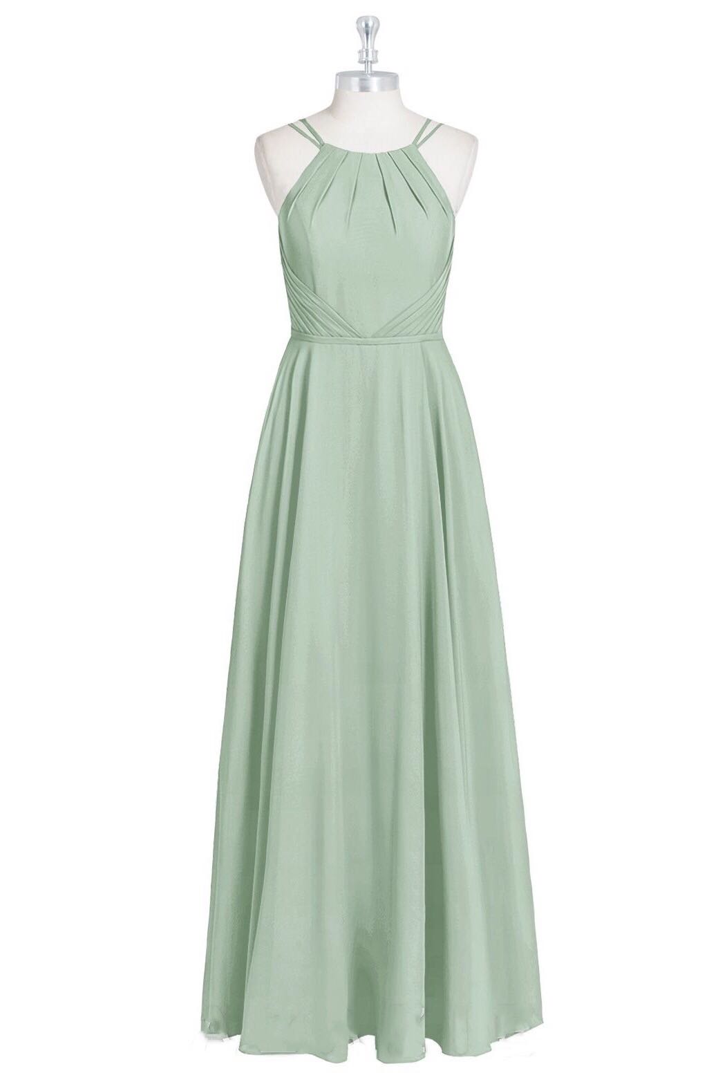 Sage Green Halter Spaghetti Straps A-Line Long Bridesmaid Dress