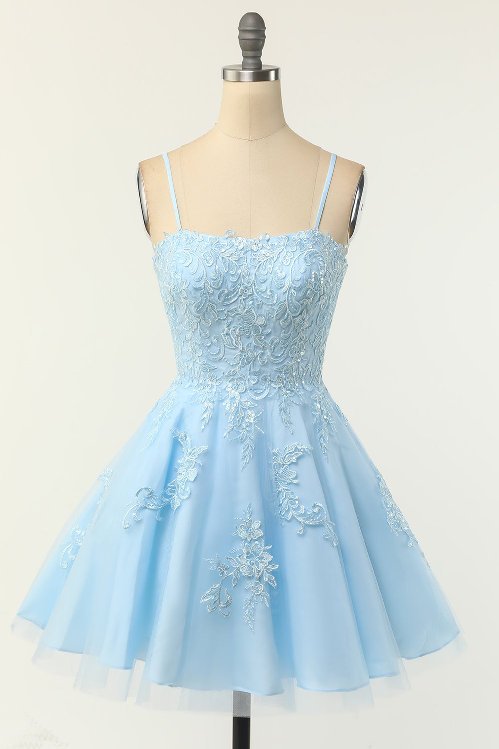 Light Blue Floral Lace A-Line Short Party Dress with Spaghetti Straps