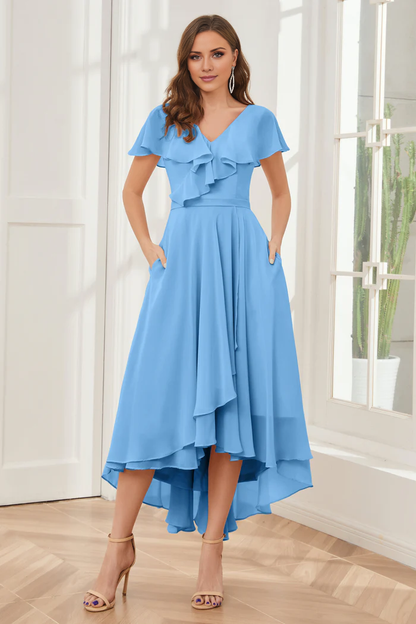 V-neck high-low short sleeved tea long bridesmaid dress