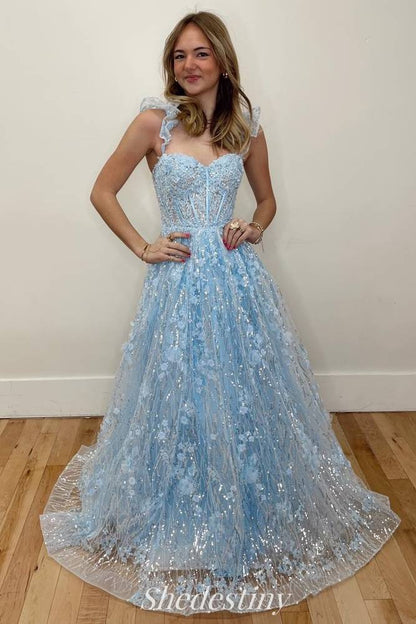 Light Blue Sweetheart Floral Embroidered Appliques Prom Dress
