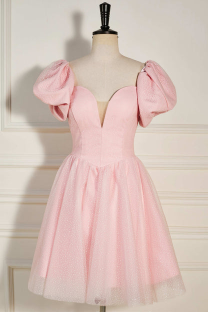 Pink Strapless Lace-Up Short Homecoming Dress with Puff Sleeves