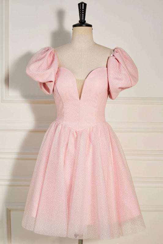 Pink Strapless Lace-Up Short Homecoming Dress with Puff Sleeves