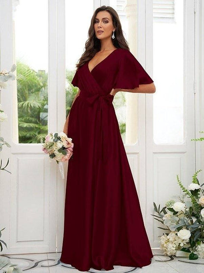 A-Line/Princess Silk like Satin Sash/Ribbon/Belt V-neck Short Sleeves Floor-Length Bridesmaid Dresses - RongMoon