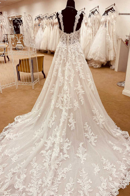 White Lace Sweetheart Straps A-Line Long Bridal Gown