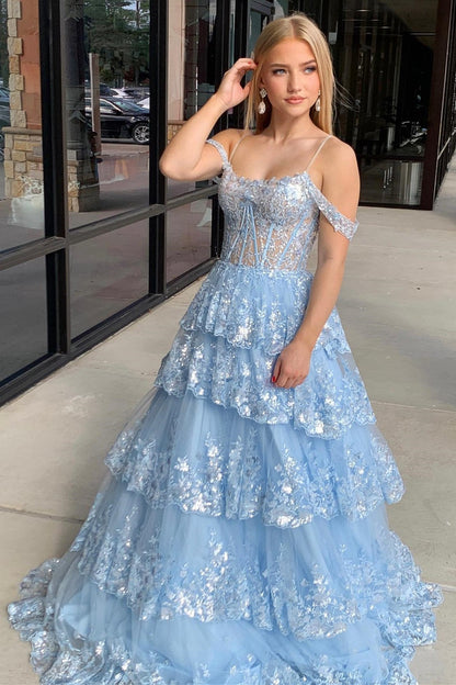 Tulle Sequin Cold-Shoulder Ruffle Tiered Long Prom Dress
