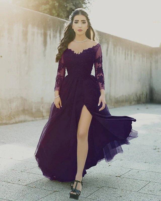 Tulle Formal Dresses Leg Slit Appliques Sleeves - RongMoon