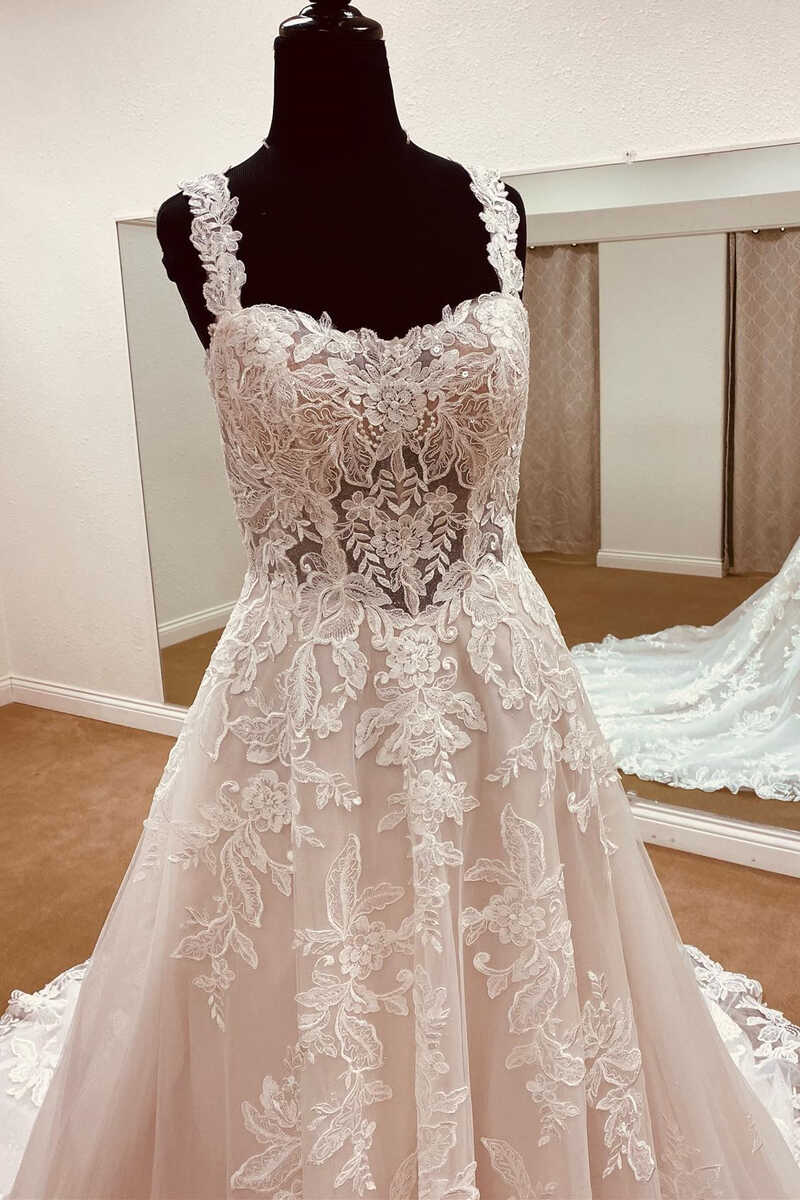 White Lace Sweetheart Straps A-Line Long Bridal Gown