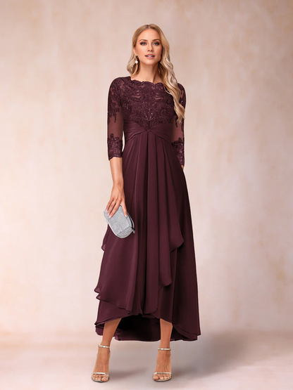 A-line princess transparent collar 3/4 sleeve length with bead and decal mother of the bride dress