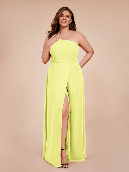 Plus size one shoulder side slit chiffon bridesmaid dress