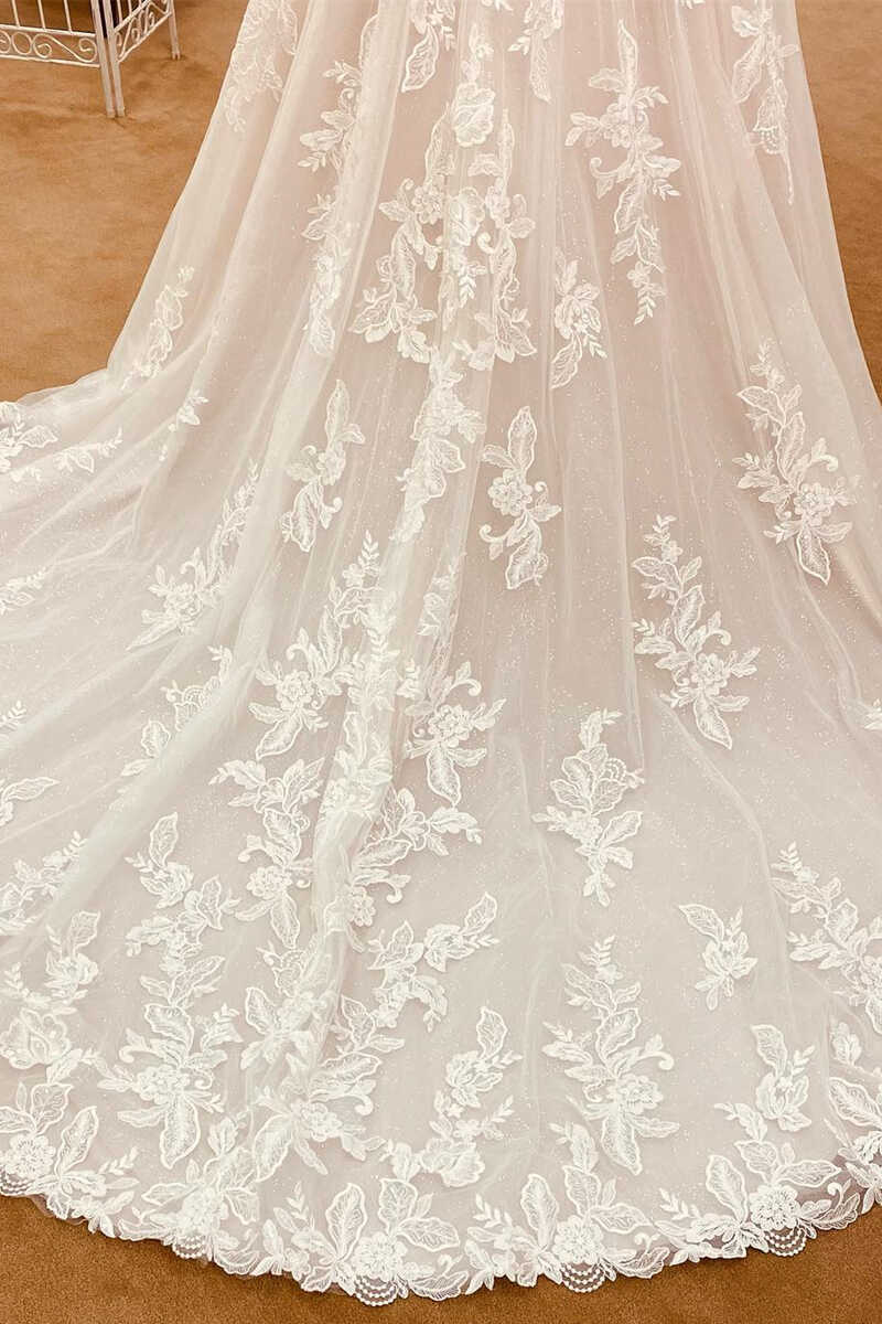 White Lace Sweetheart Straps A-Line Long Bridal Gown