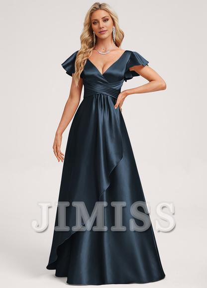 Ruffled A-line V-neck Floor-length Satin Bridesmaids Dress