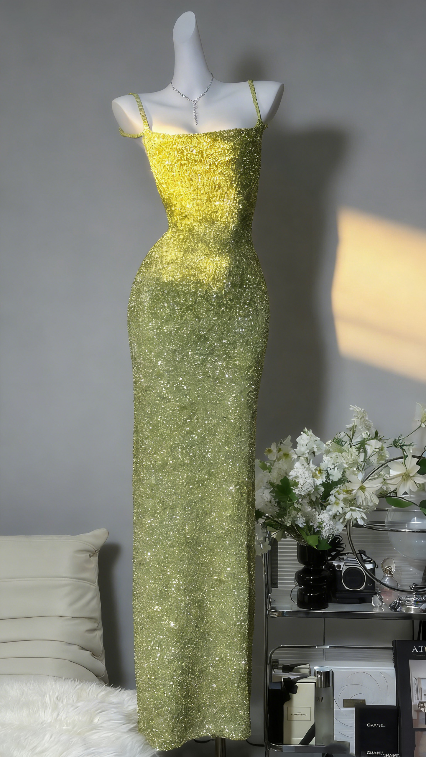 Lime-Green Spaghetti Strap Gown - Square Neck Backless Slim Mermaid Evening/Red Carpet/Summer Party Maxi Dress gh6986