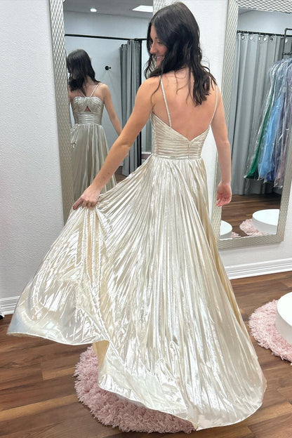 Metallic Keyhole Spaghetti Strap Long Prom Dress with Slit