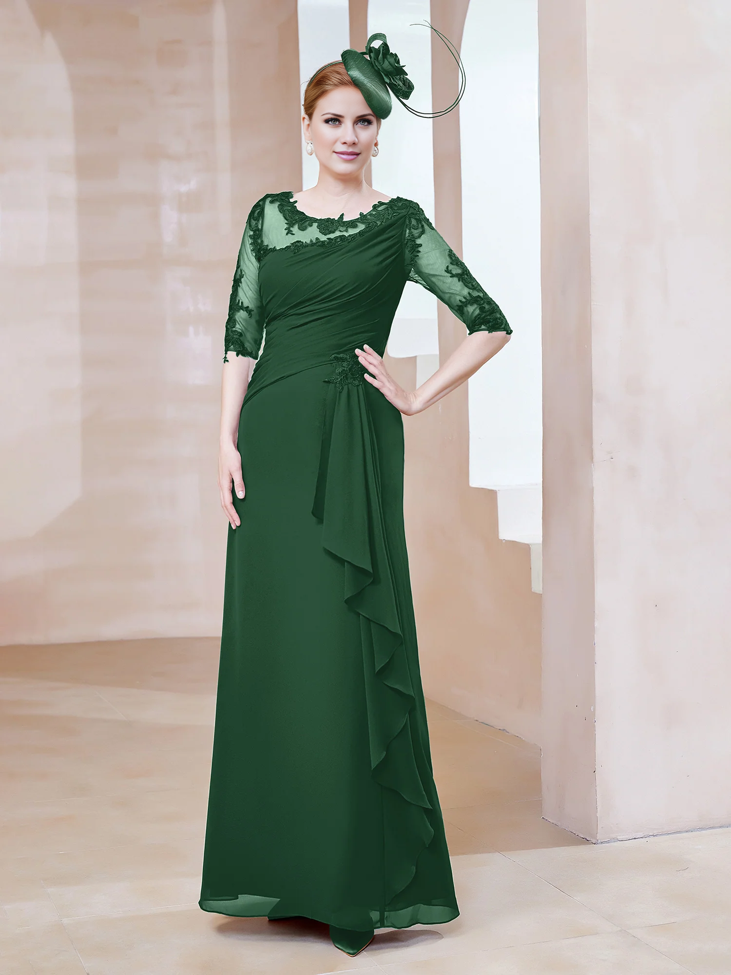 Low round lace neckline with ruffled edges, tight fitting mother of the bride dress