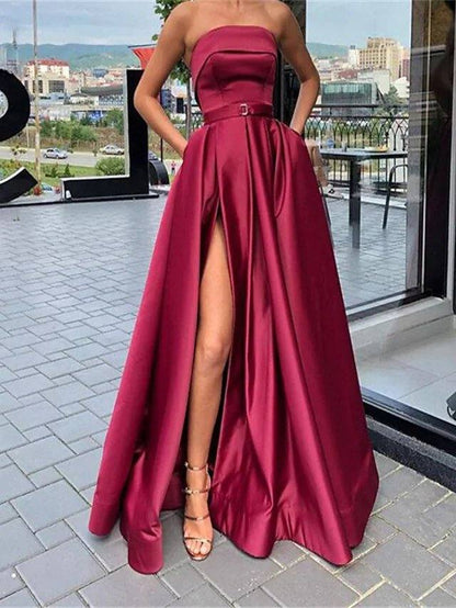 A-Line Minimalist Sexy Wedding Guest Prom Dress Strapless Sleeveless Floor Length Lace Tulle with Pleats Split - RongMoon