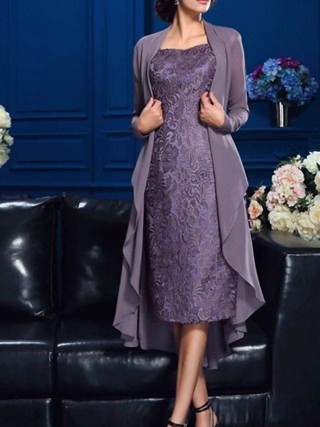 Two Piece Sheath / Column Mother of the Bride Dress Elegant Jewel Neck Knee Length Chiffon Lace Long Sleeve with Appliques - RongMoon