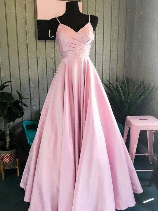 A-Line/Princess Satin Ruched Spaghetti Straps Sleeveless Floor-Length Dresses - RongMoon