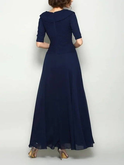 A-Line Mother of the Bride Dress Elegant V Neck Ankle Length Chiffon Short Sleeve with Pleats Ruching - RongMoon