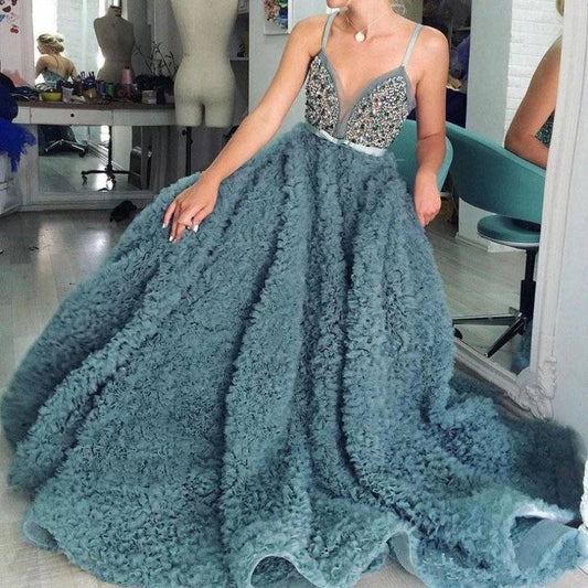 Plus Size Muslim Evening Dresses Ball Gown V-neck Ruffles Beaded Islamic Dubai Saudi Arabic Long Formal Evening Gown Prom - RongMoon