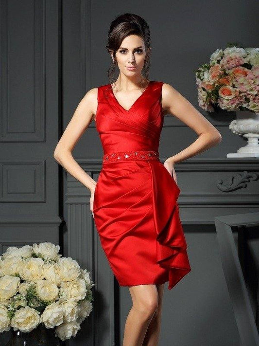 Sheath/Column V-neck Ruched Sleeveless Short Satin Mother of the Bride Dresses - RongMoon