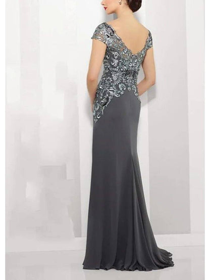 A-Line Mother of the Bride Dress Elegant Jewel Neck Floor Length Chiffon Lace Short Sleeve with Lace Appliques - RongMoon