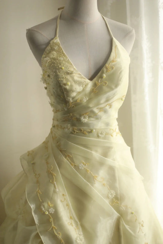 Girlhomeshops-Yellow Retro Halter Neck Heavy Puff Princess Wedding Dress gh5425