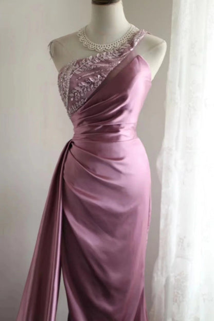 Pink bead elegant long fashion dress satin dress gh6644