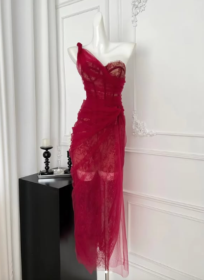 Pretty Burgundy Lace Tulle Prom Dress,One Shoulder Party Evening Dress cc2933