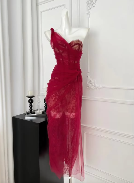 Pretty Burgundy Lace Tulle Prom Dress,One Shoulder Party Evening Dress cc2933