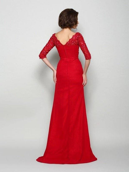 A-Line/Princess V-neck Beading 1/2 Sleeves Applique Long Chiffon Mother of the Bride Dresses - RongMoon