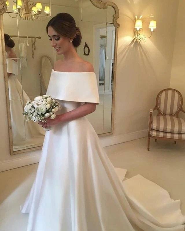A-line Off The Shoulder Long Satin Wedding Dresses - RongMoon