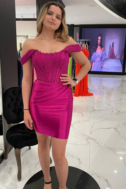Magenta Lace Off-the-Shoulder Short Homecoming Dress