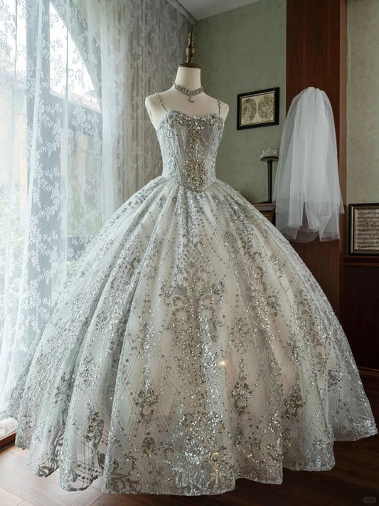 White shiny luxury gorgeous princess exquisite gemstone beads fashionable and elegant long tulle floor-length ball gown evening gown graduation gown adult ceremony gown wedding dress gh3843