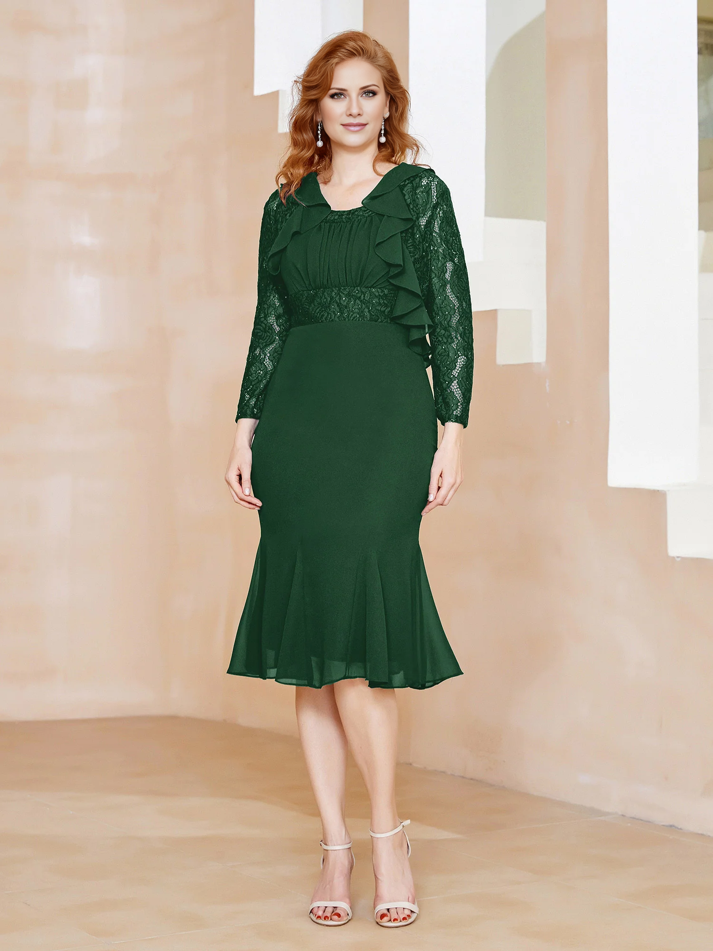 Sparkling lace ruffle tea long mother of the bride dress