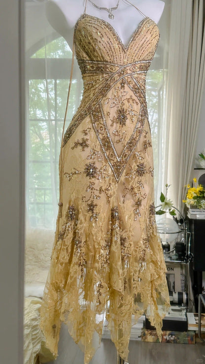 Vintage Sequin Appliques Spaghetti Strap A-line V-neck Irregular Hem Party Dresses Homecoming Dresses, HZ1024