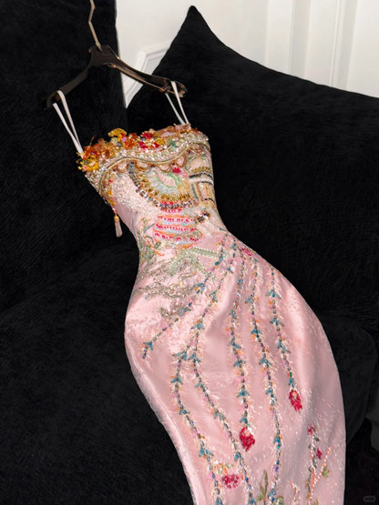 Sparkling Pink Beaded Sequined Design Elegant Mermaid Prom Dress Evening Dress HZ1024