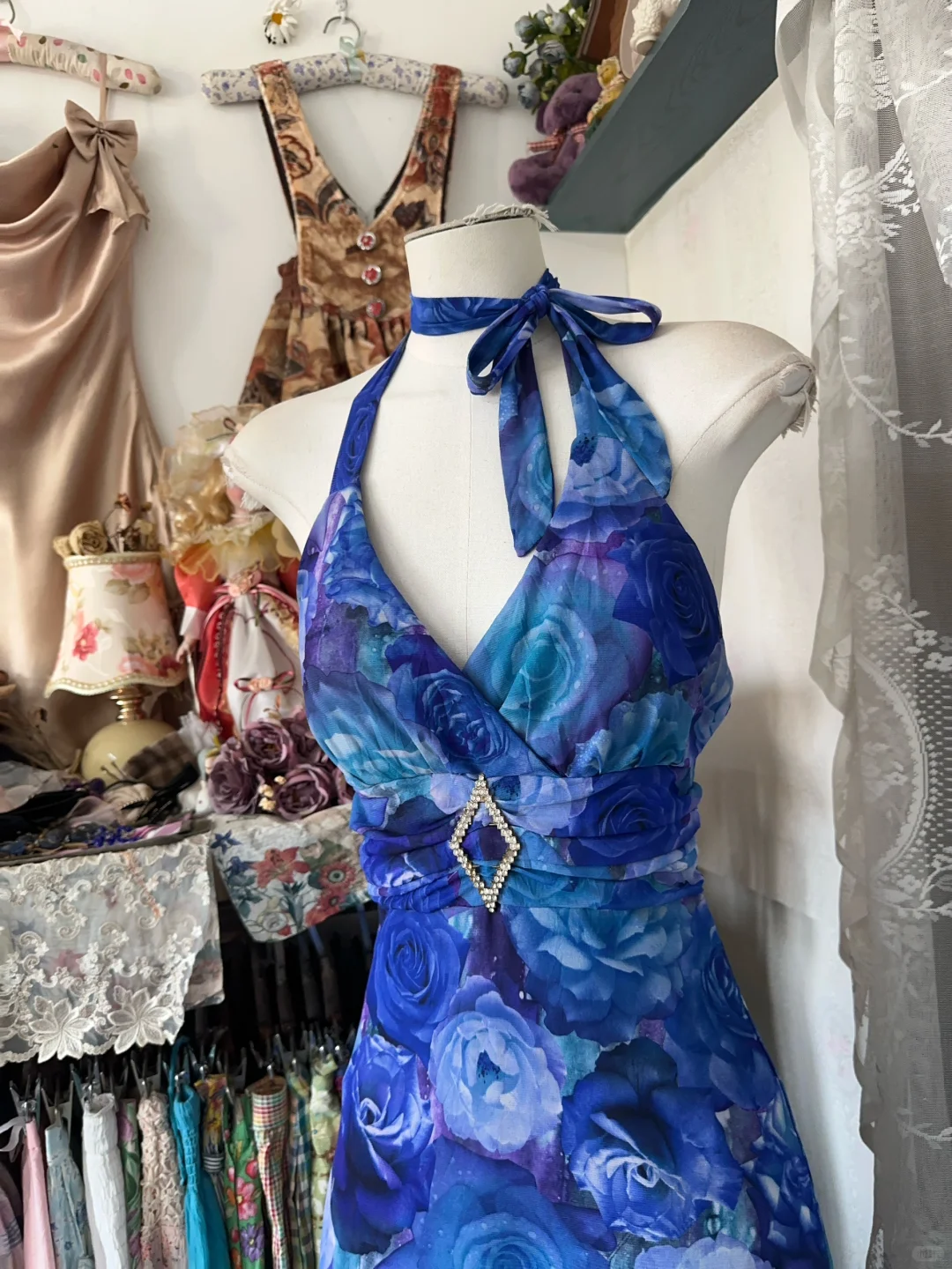 Vintage Navy Blue Floral V-neck Halter Dress Elegant A-Line Long Evening Dress Prom Dresses HZ1024
