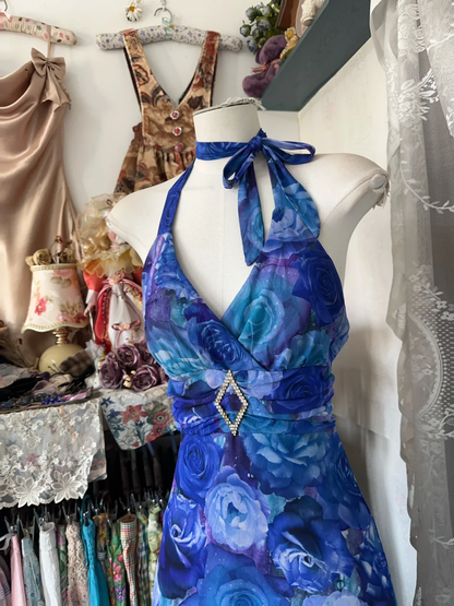 Vintage Navy Blue Floral V-neck Halter Dress Elegant A-Line Long Evening Dress Prom Dresses HZ1024