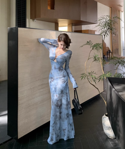 Vintage Blue Floral Design A-line Long-sleeved Dress HZ1024