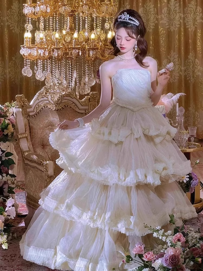Elegant White Strapless Tiered Sweet 16 Quinceanera A-Line Tulle Evening Dress Ball Gown HZ1024