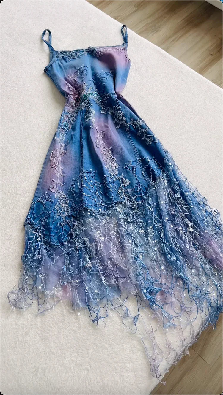 Vintage Blue Denim Sequin Applique Prom Dress A-Line Spaghetti Strap Evening Dress Long Formal Dress HZ1024