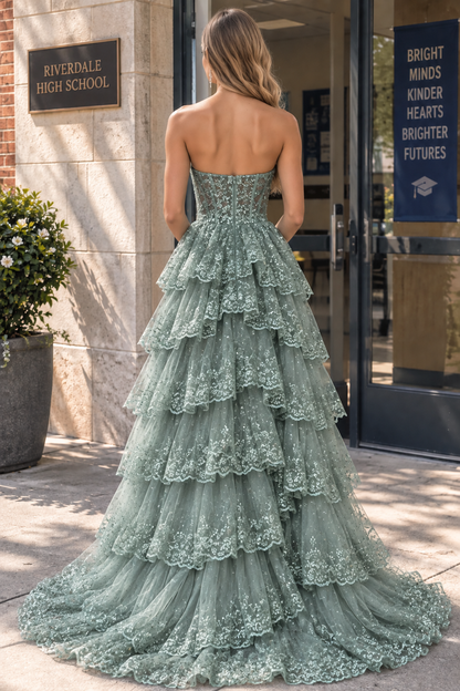 Red Strapless A-Line Sequins Appliques Ruffles Prom Dress Long with Slit