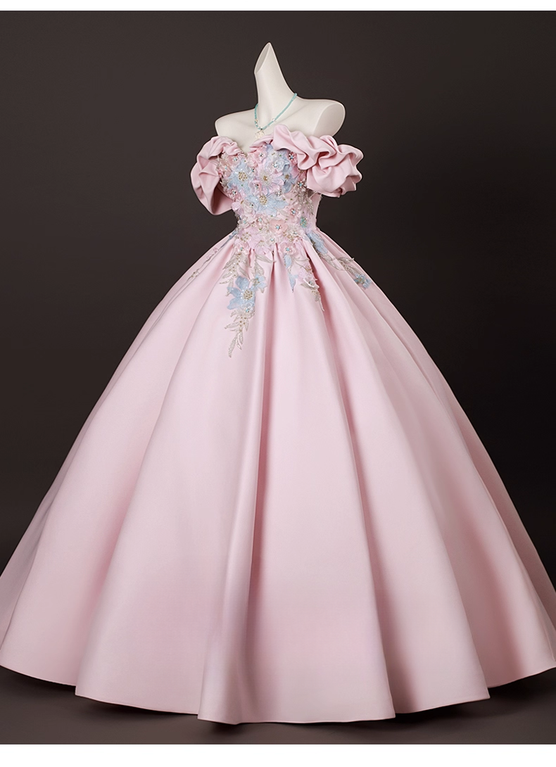 Elegant Pink Satin Applique Sweet 16 Quinceanera A-Line Off-the-shoulder Evening Dress Long Ball Gown HZ1024
